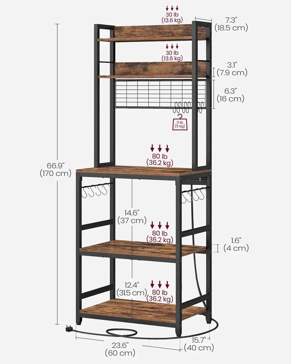 Kitchen Storage Rack with Power Outlet and Metal Wire Panel
