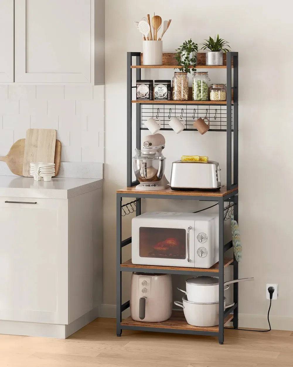 Kitchen Storage Rack with Power Outlet and Metal Wire Panel