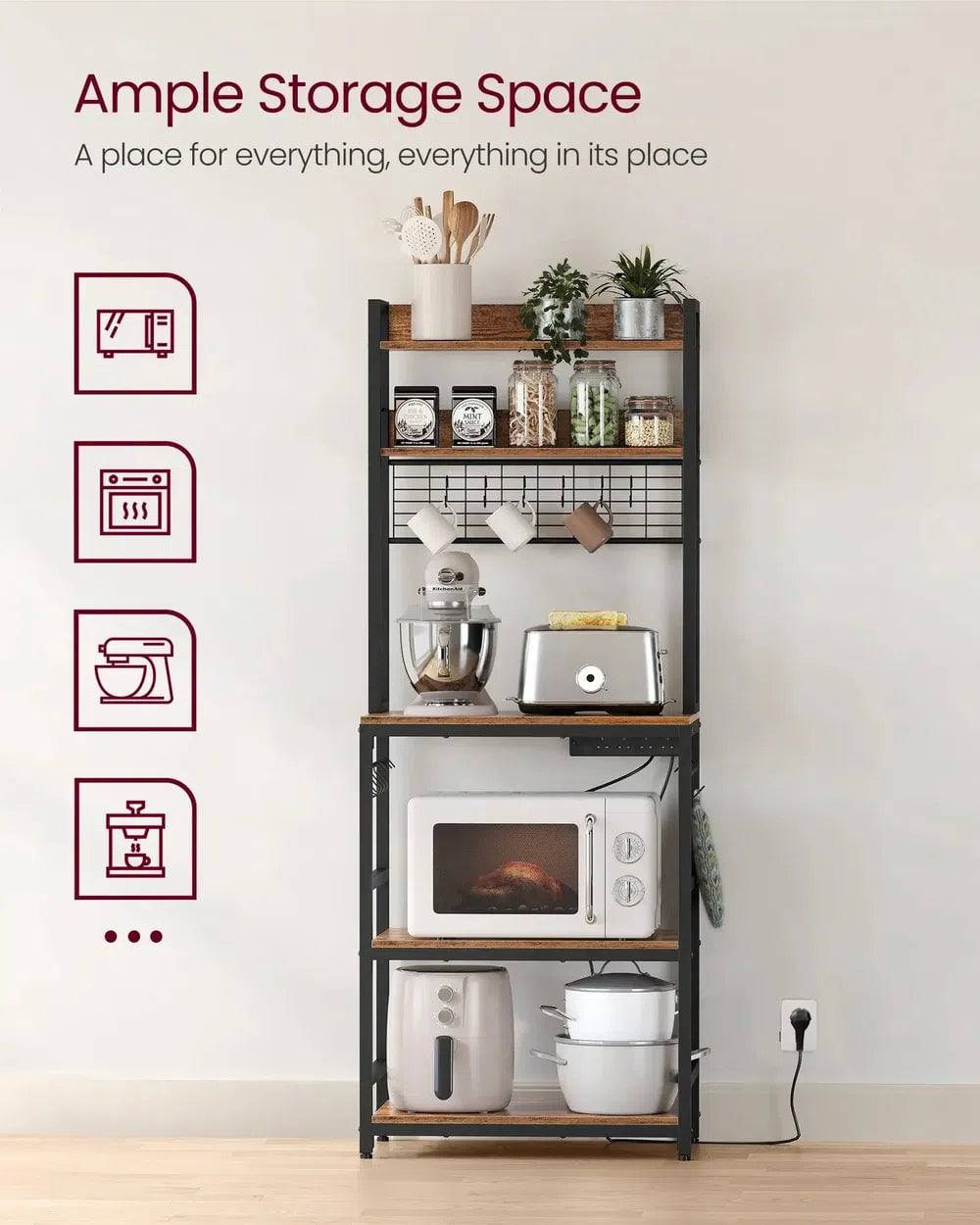 Kitchen Storage Rack with Power Outlet and Metal Wire Panel