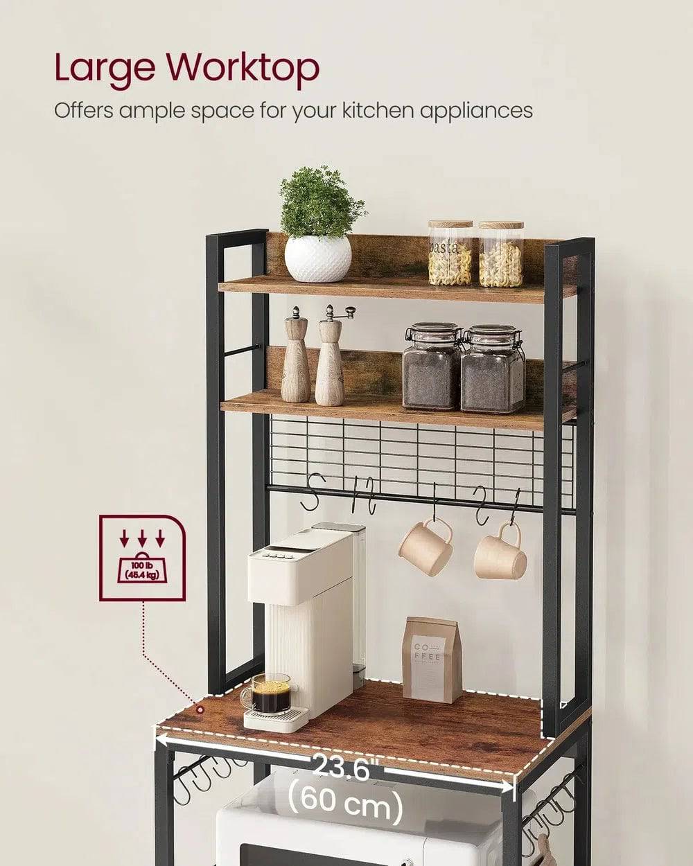 Kitchen Storage Rack with Power Outlet and Metal Wire Panel