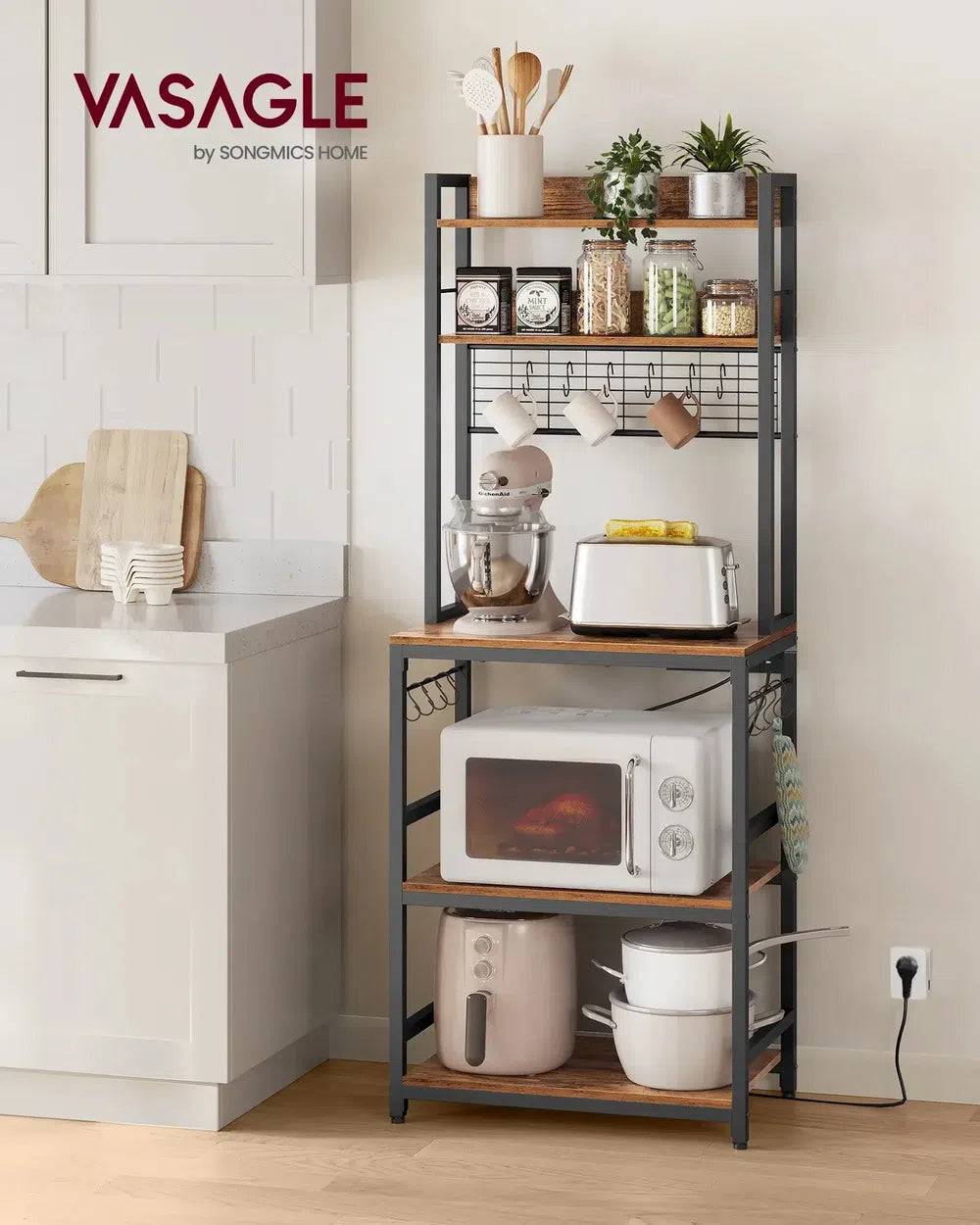 Kitchen Storage Rack with Power Outlet and Metal Wire Panel