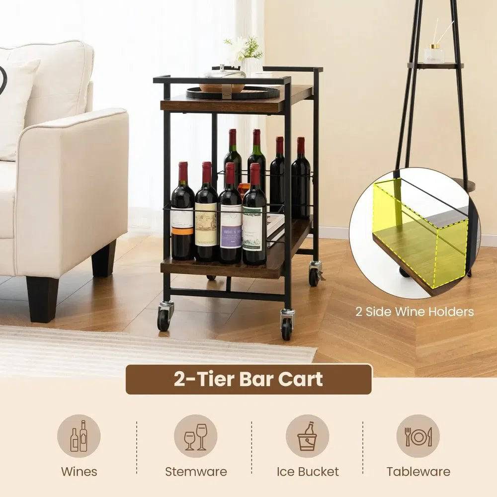 2-Tier Home Bar Cart with Lockable Wheels