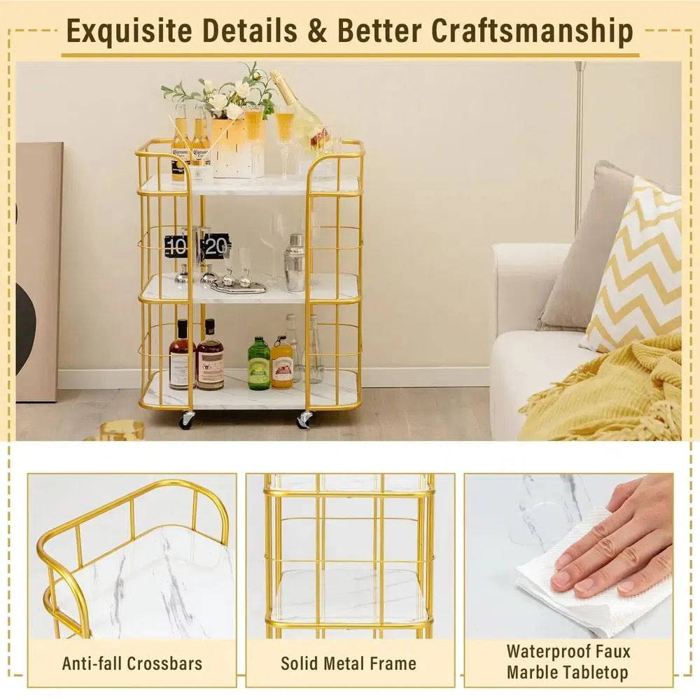 Buffet Serving Cart with Faux Marble Shelves