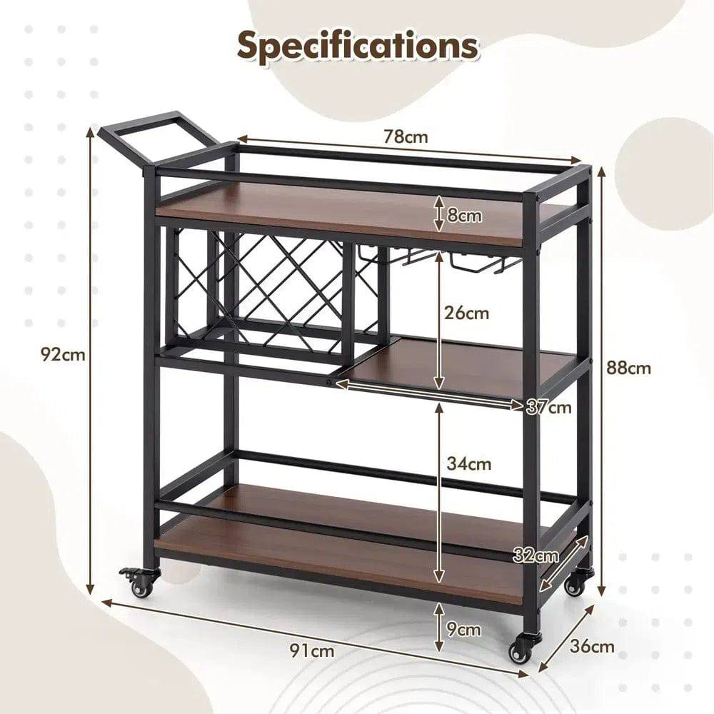 Industrial 3-Tier Rolling Bar Cart with Wine Racks