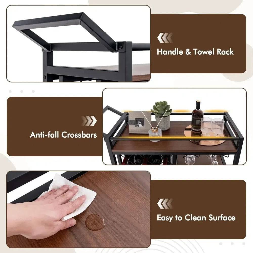 Industrial 3-Tier Rolling Bar Cart with Wine Racks