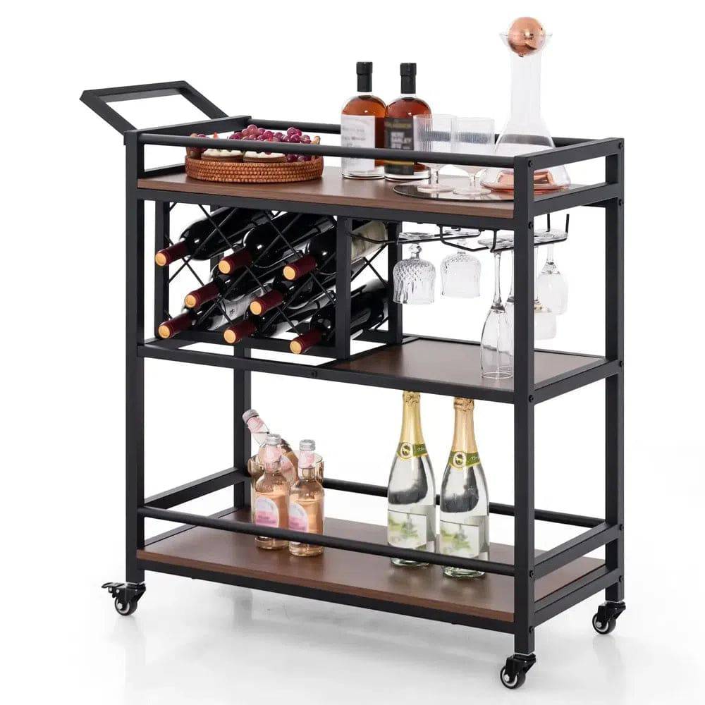 Industrial 3-Tier Rolling Bar Cart with Wine Racks
