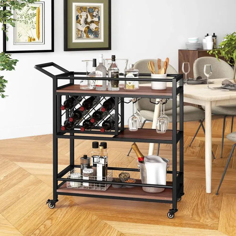 Industrial 3-Tier Rolling Bar Cart with Wine Racks