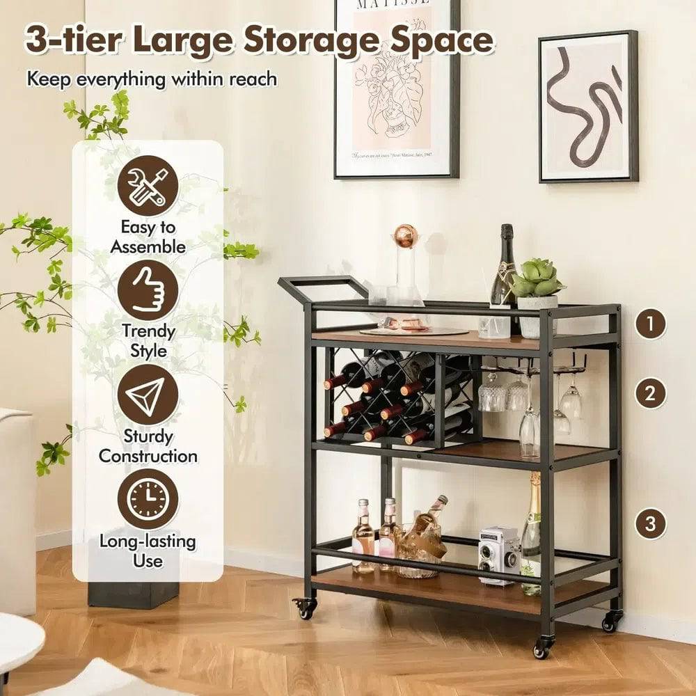 Industrial 3-Tier Rolling Bar Cart with Wine Racks