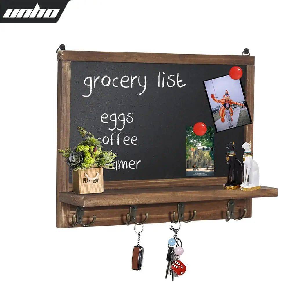 Rustic Wall-Mounted Chalkboard with Hooks & Shelf