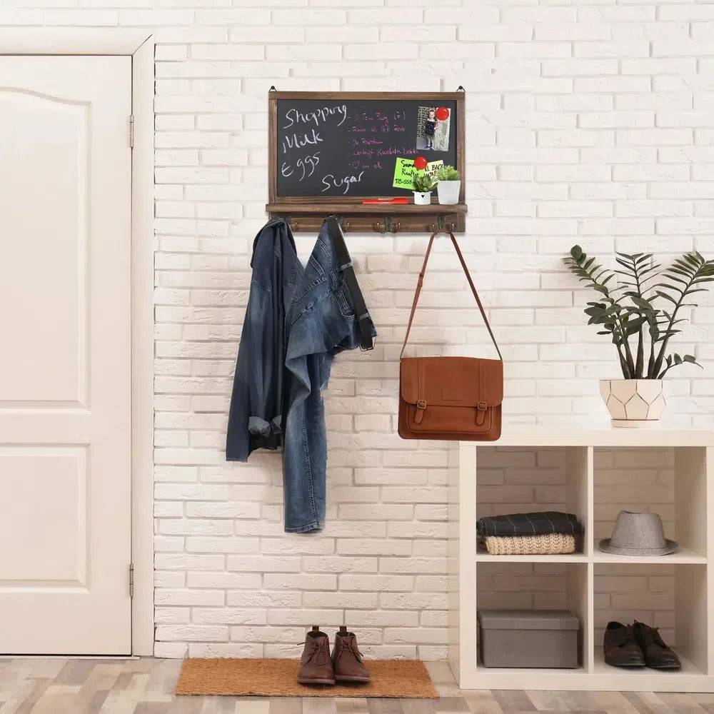 Rustic Wall-Mounted Chalkboard with Hooks & Shelf