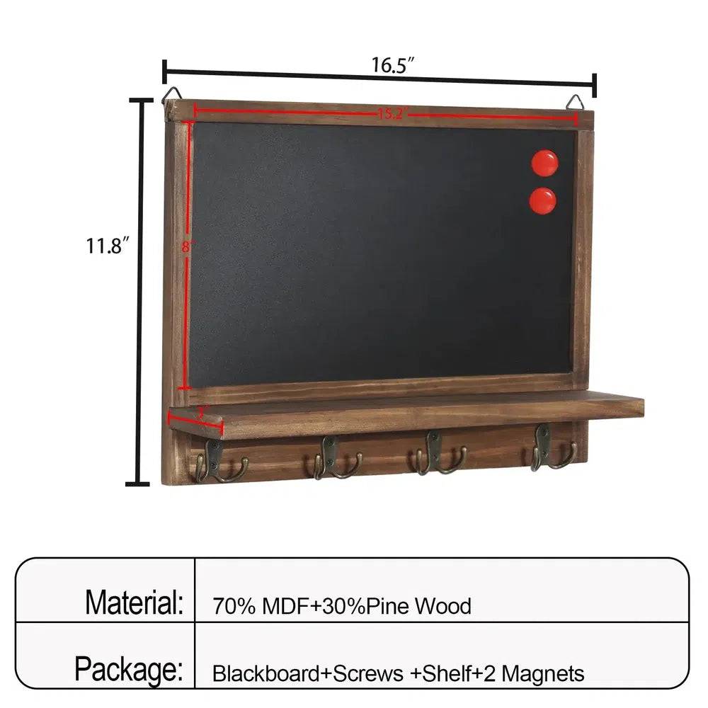 Rustic Wall-Mounted Chalkboard with Hooks & Shelf