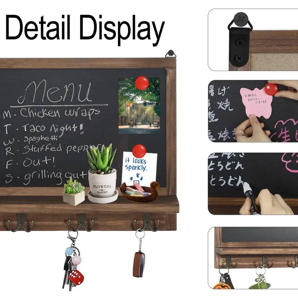 Rustic Wall-Mounted Chalkboard with Hooks & Shelf