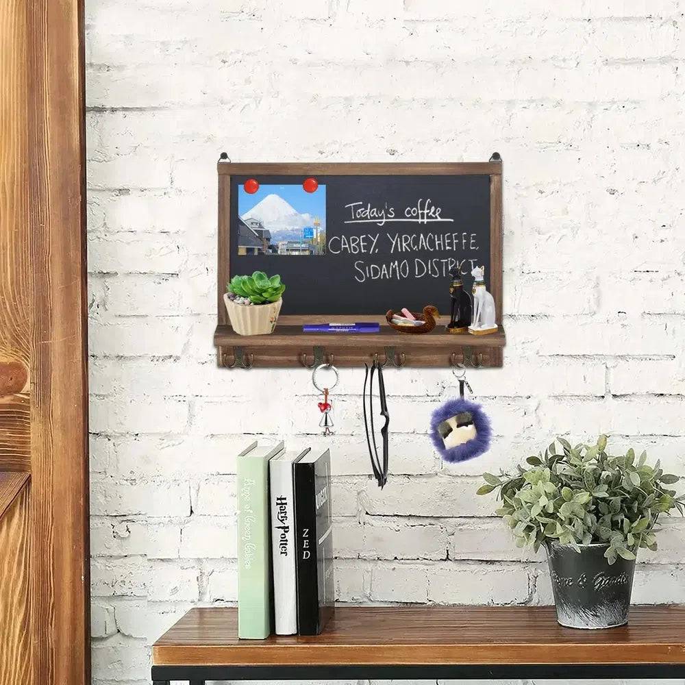 Rustic Wall-Mounted Chalkboard with Hooks & Shelf