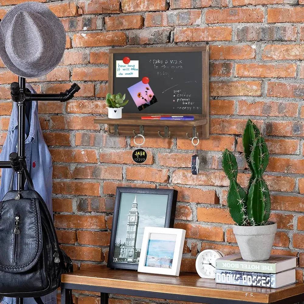 Rustic Wall-Mounted Chalkboard with Hooks & Shelf