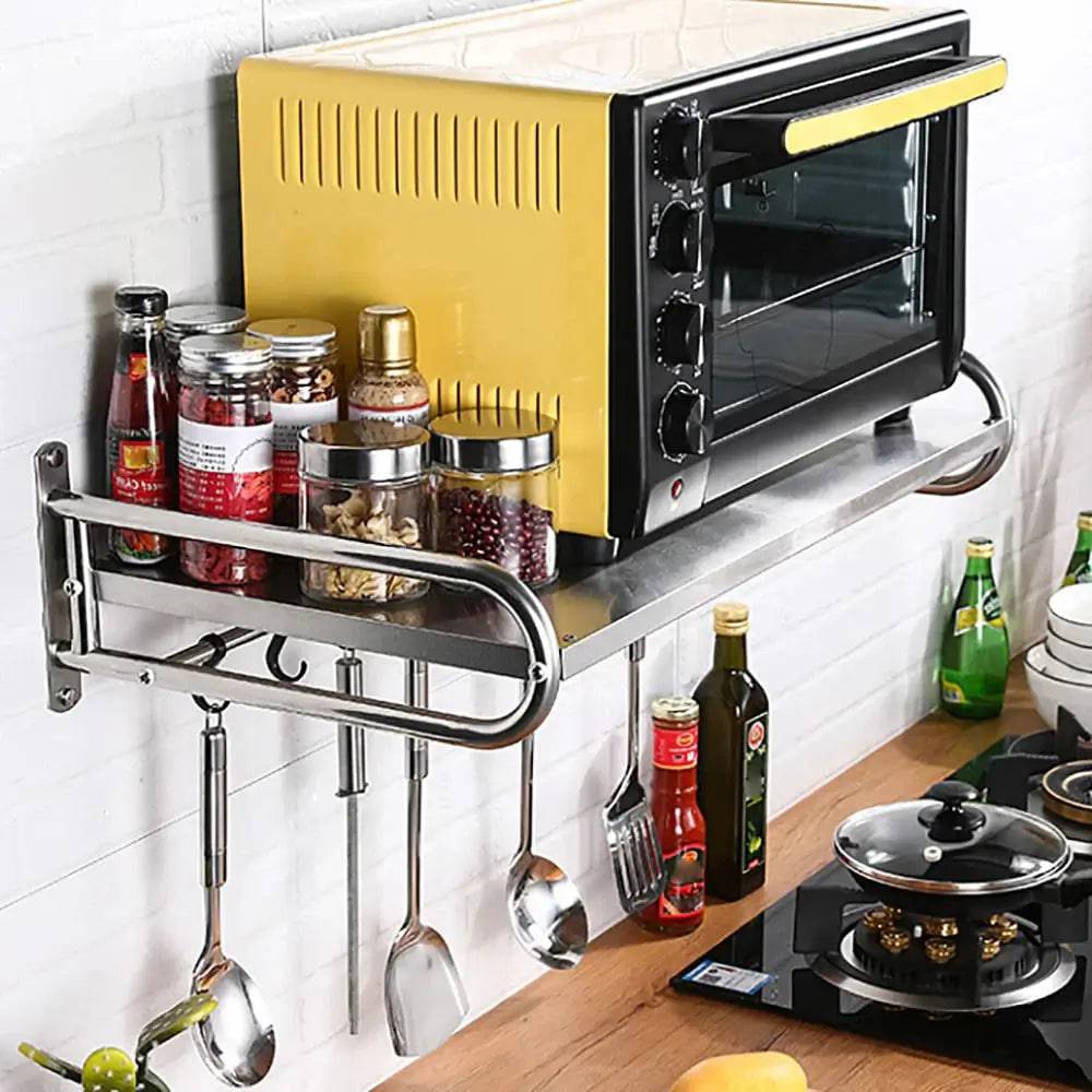 Wall-Mounted Microwave Oven Shelf with Hooks
