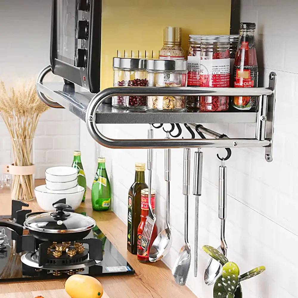 Wall-Mounted Microwave Oven Shelf with Hooks
