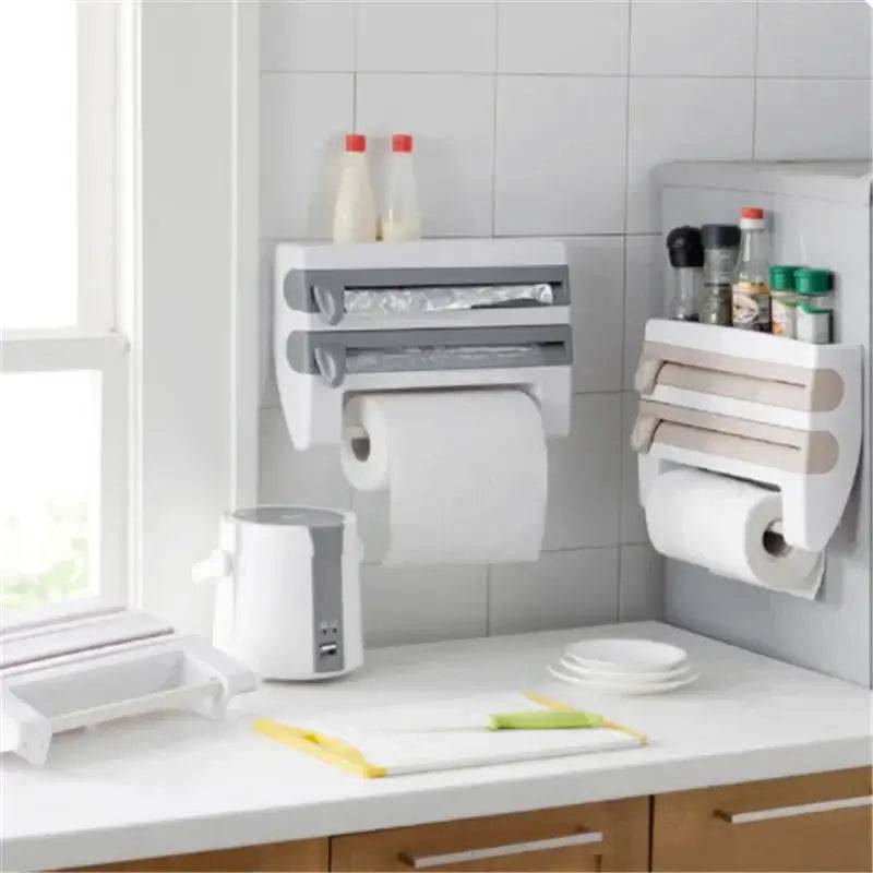 4-in-1 Wall-Mounted Cling Film Cutter & Paper Towel Holder