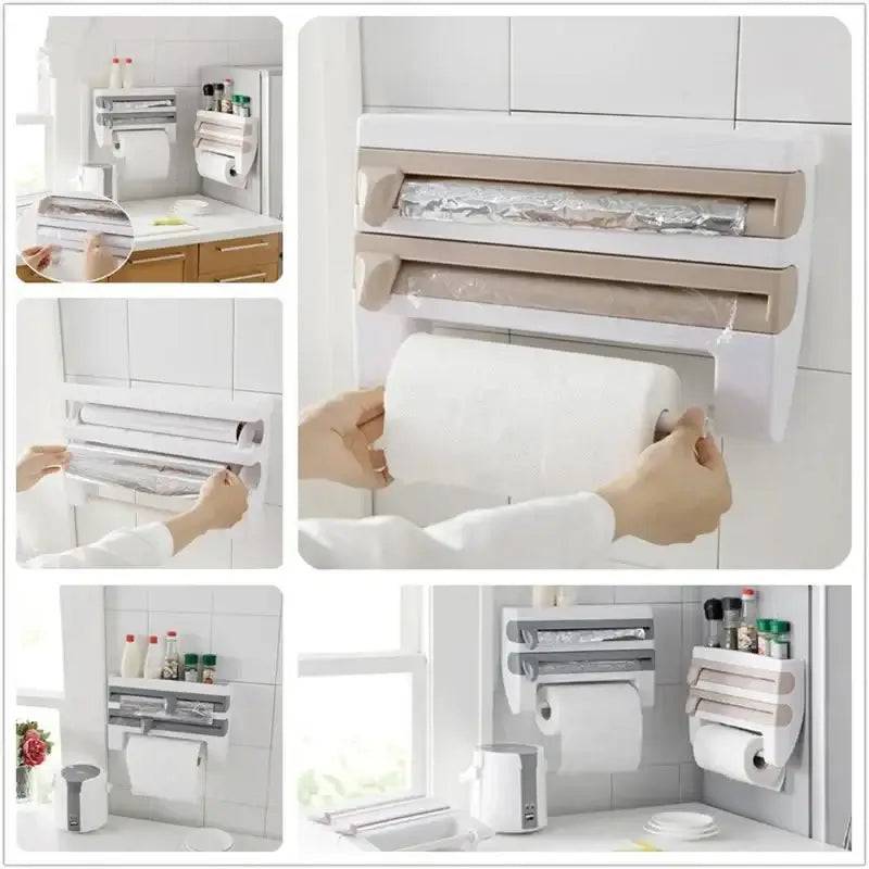4-in-1 Wall-Mounted Cling Film Cutter & Paper Towel Holder
