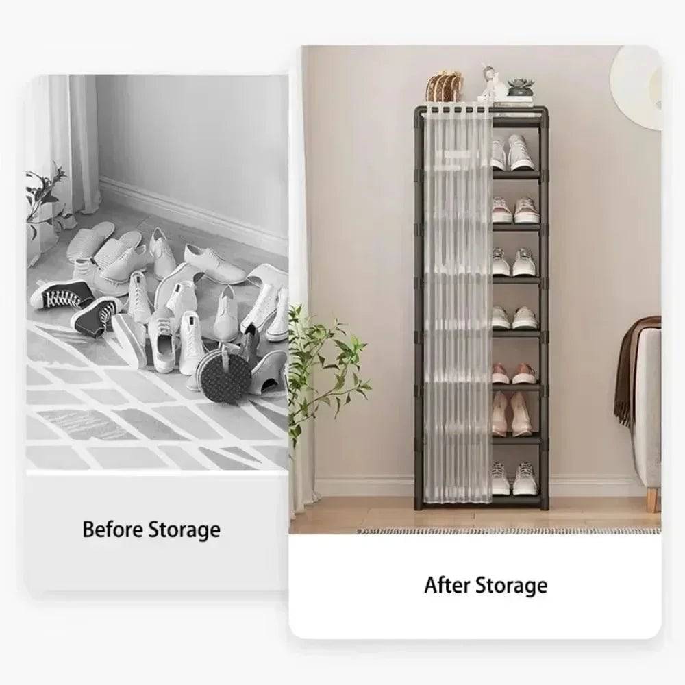 Multi-Layer Shoe Rack with Door Curtains