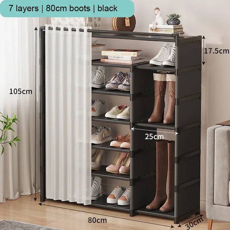 Multi-Layer Shoe Rack with Door Curtains