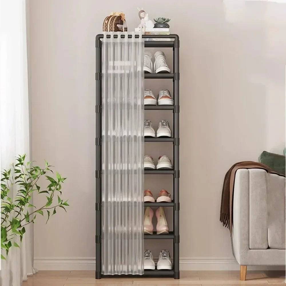 Multi-Layer Shoe Rack with Door Curtains