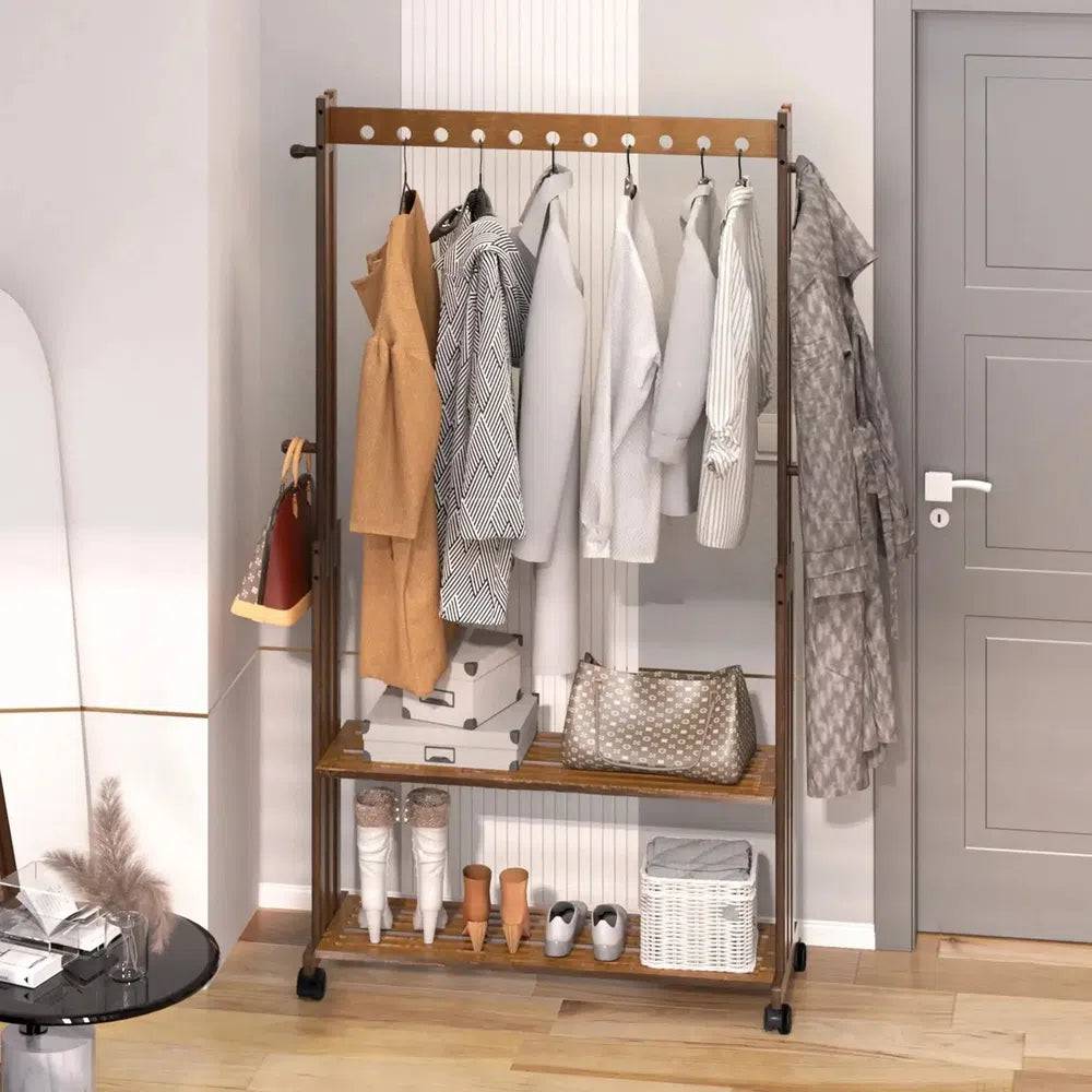 Bamboo Clothes Rack Stand with Wheels