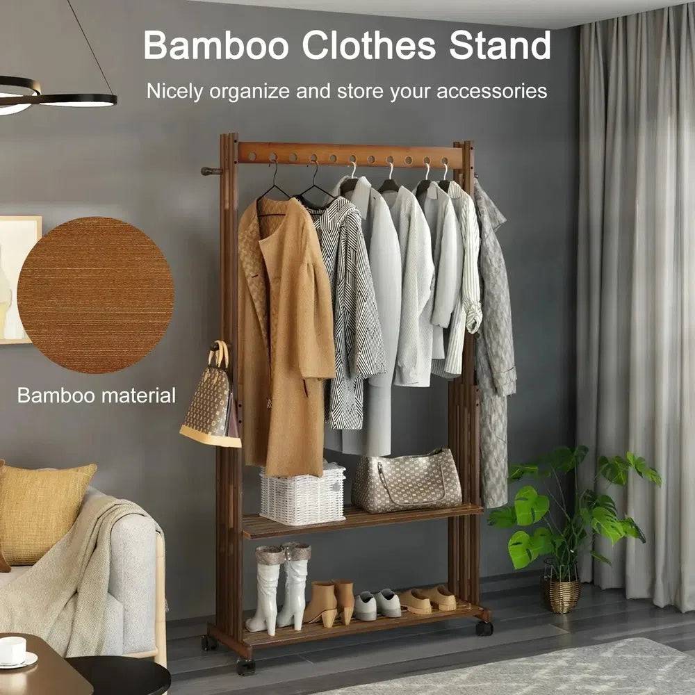 Bamboo Clothes Rack Stand with Wheels