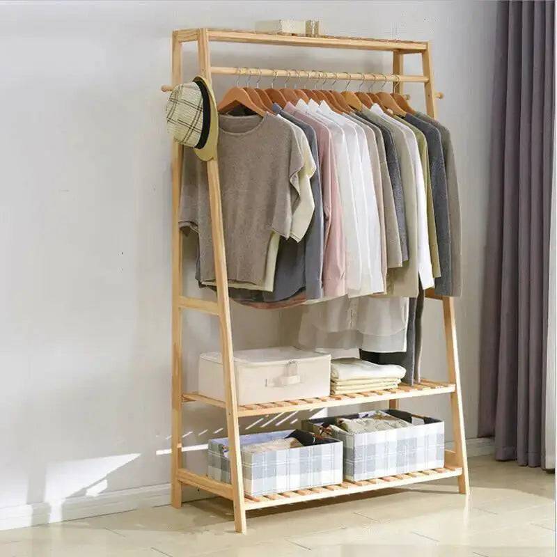 Bamboo Garment Coat Clothes Rack with Shelves