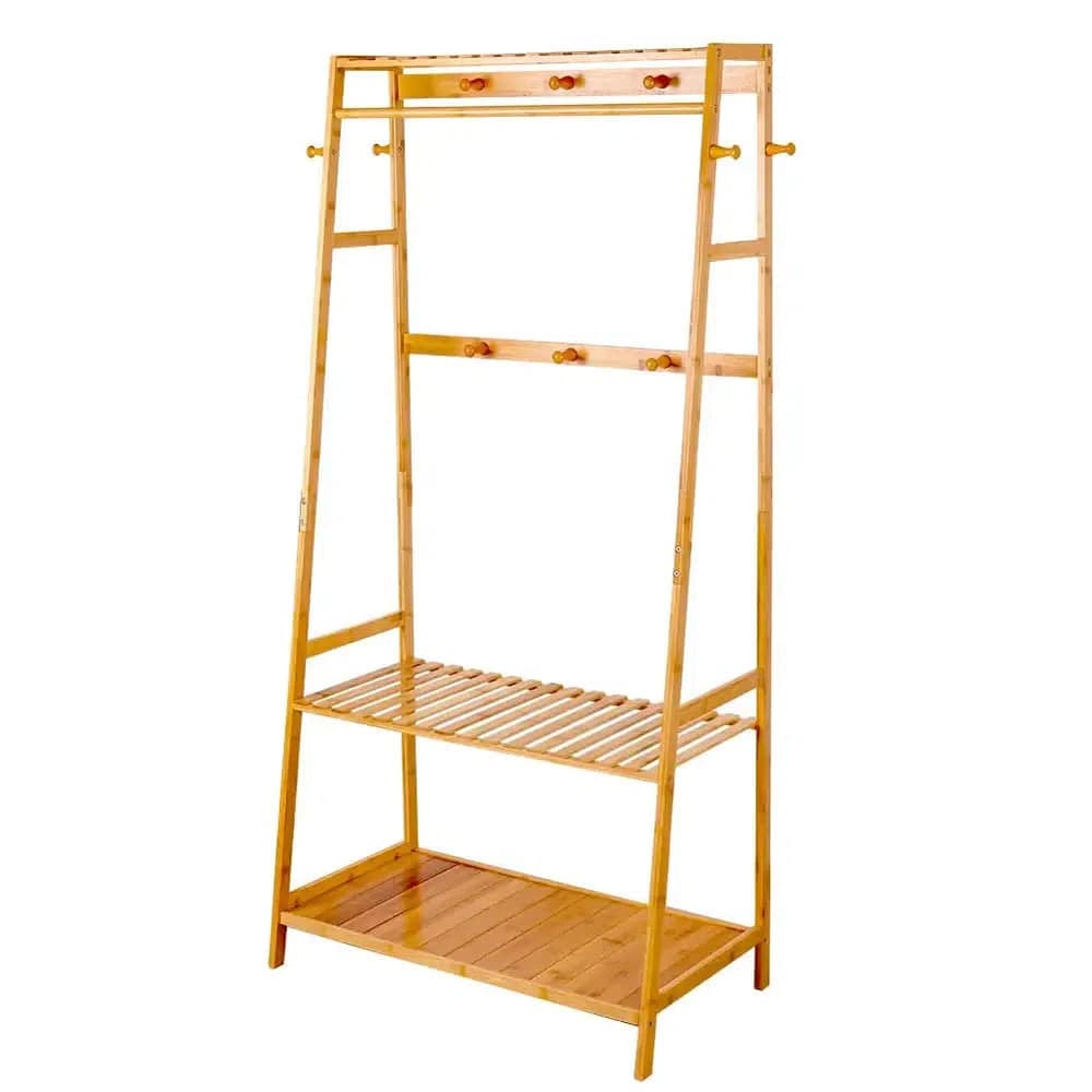 Bamboo Garment Coat Clothes Rack with Shelves