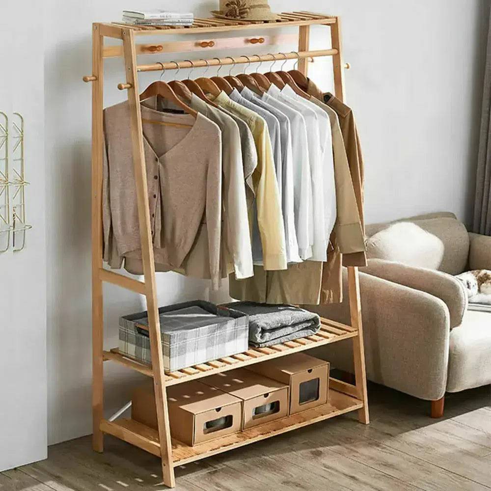 Bamboo Garment Coat Clothes Rack with Shelves