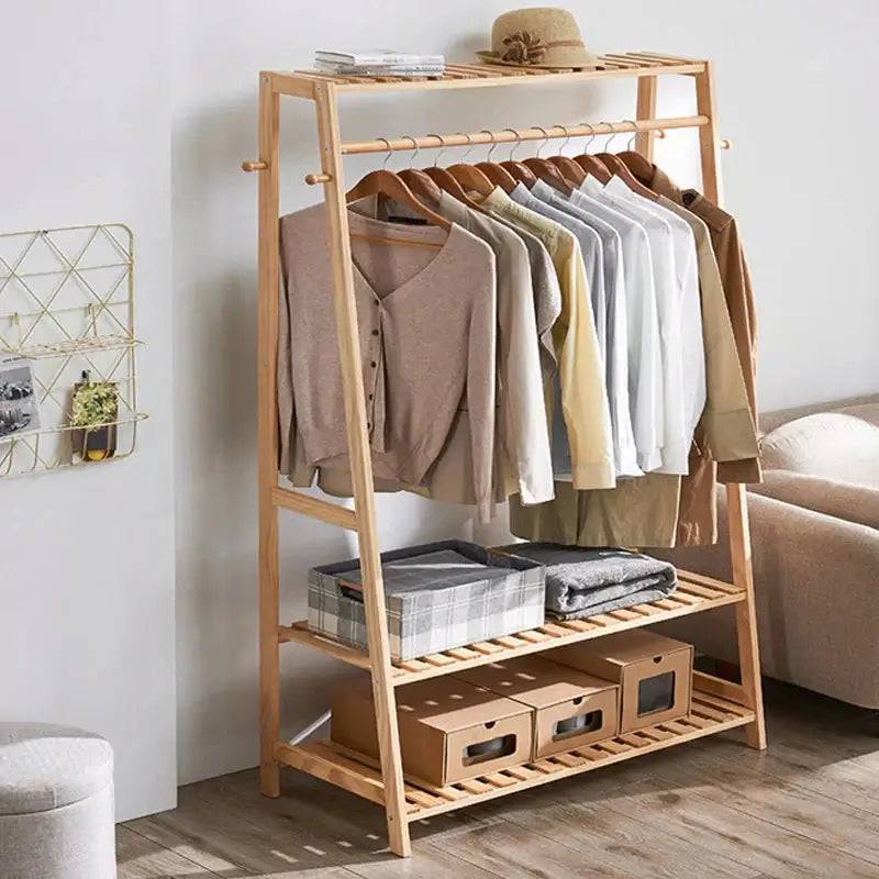 Bamboo Garment Coat Clothes Rack with Shelves