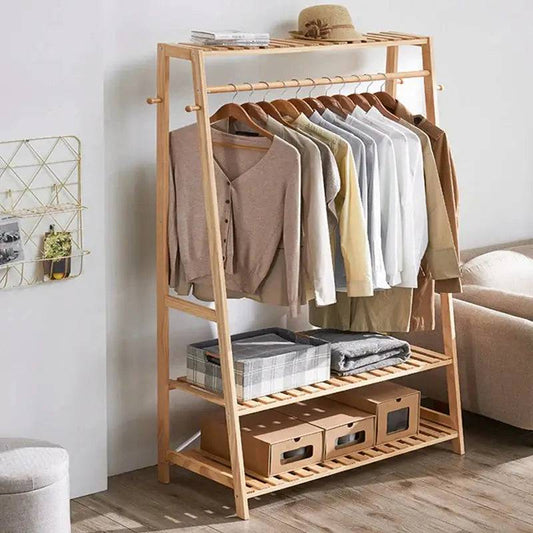 Bamboo Garment Coat Clothes Rack with Shelves