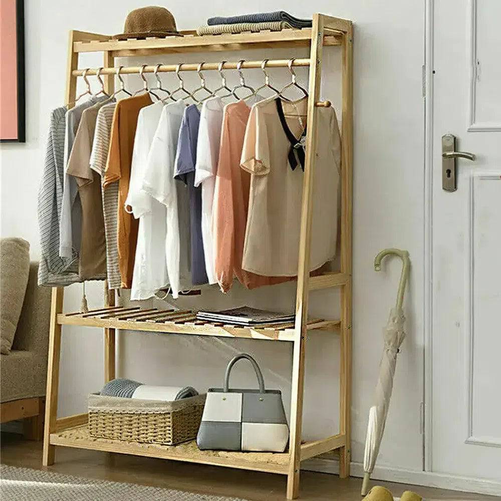 Bamboo Garment Coat Clothes Rack with Shelves
