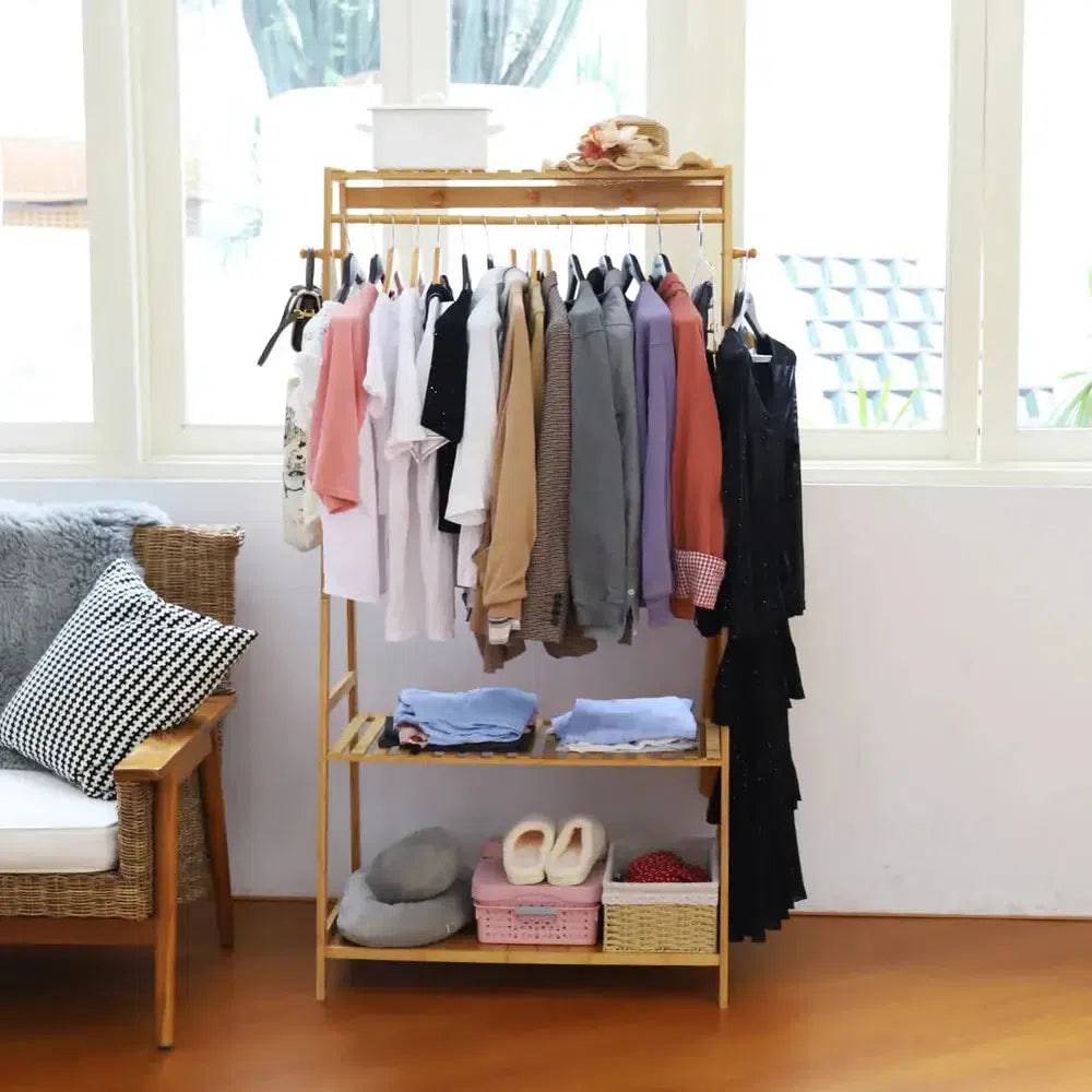 Bamboo Garment Coat Clothes Rack with Shelves