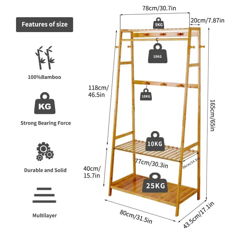 Bamboo Garment Coat Clothes Rack with Shelves