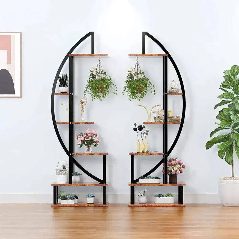 Brown Crescent Wood Tiered Plant Stand
