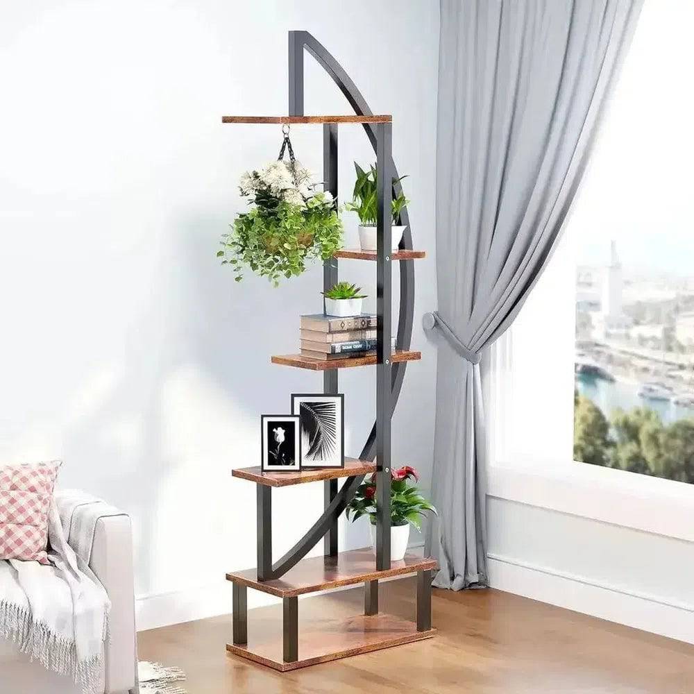 Brown Crescent Wood Tiered Plant Stand