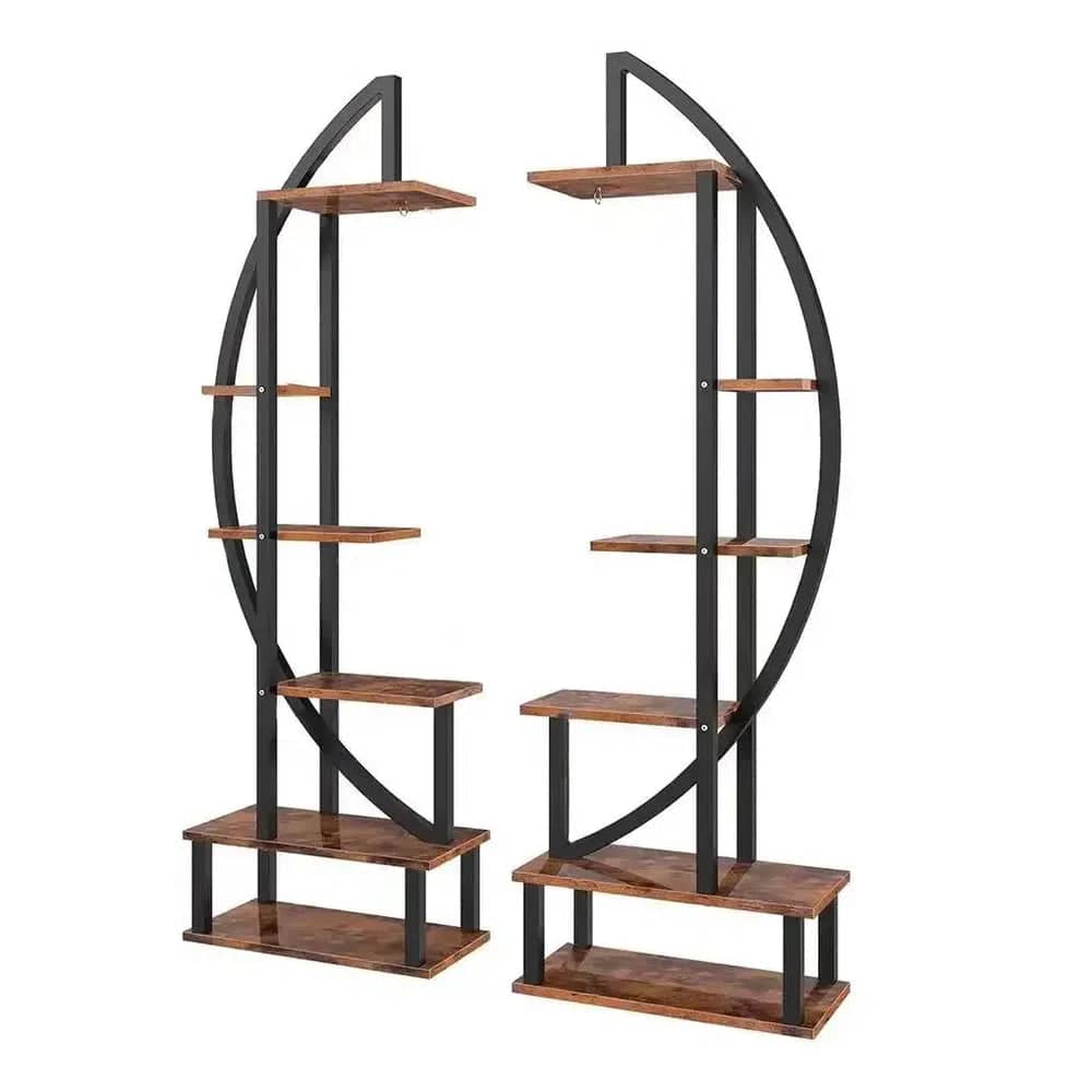 Brown Crescent Wood Tiered Plant Stand