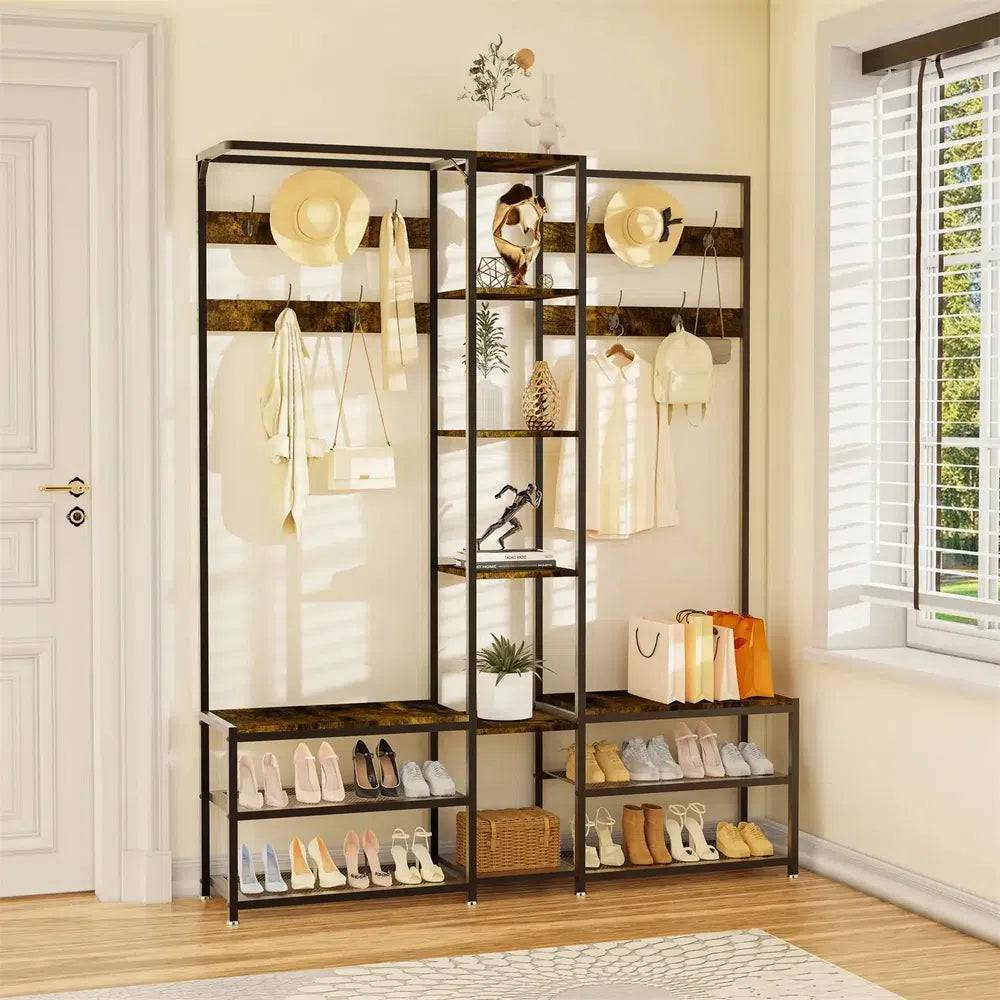 Hall Tree Coat Rack with Shoe Bench