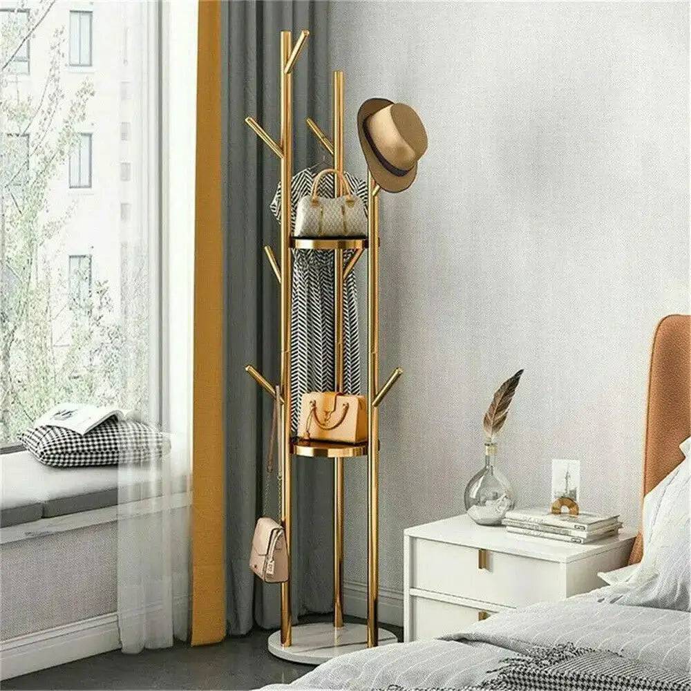 Marble Metal Coat Rack with 3 Storage Shelves & 9 Hooks