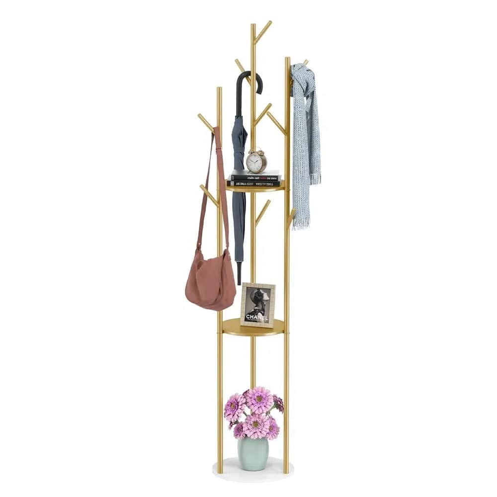 Marble Metal Coat Rack with 3 Storage Shelves & 9 Hooks