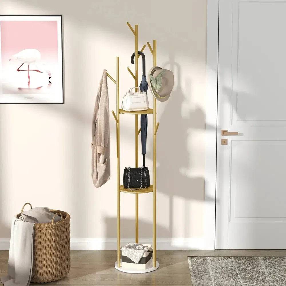 Marble Metal Coat Rack with 3 Storage Shelves & 9 Hooks