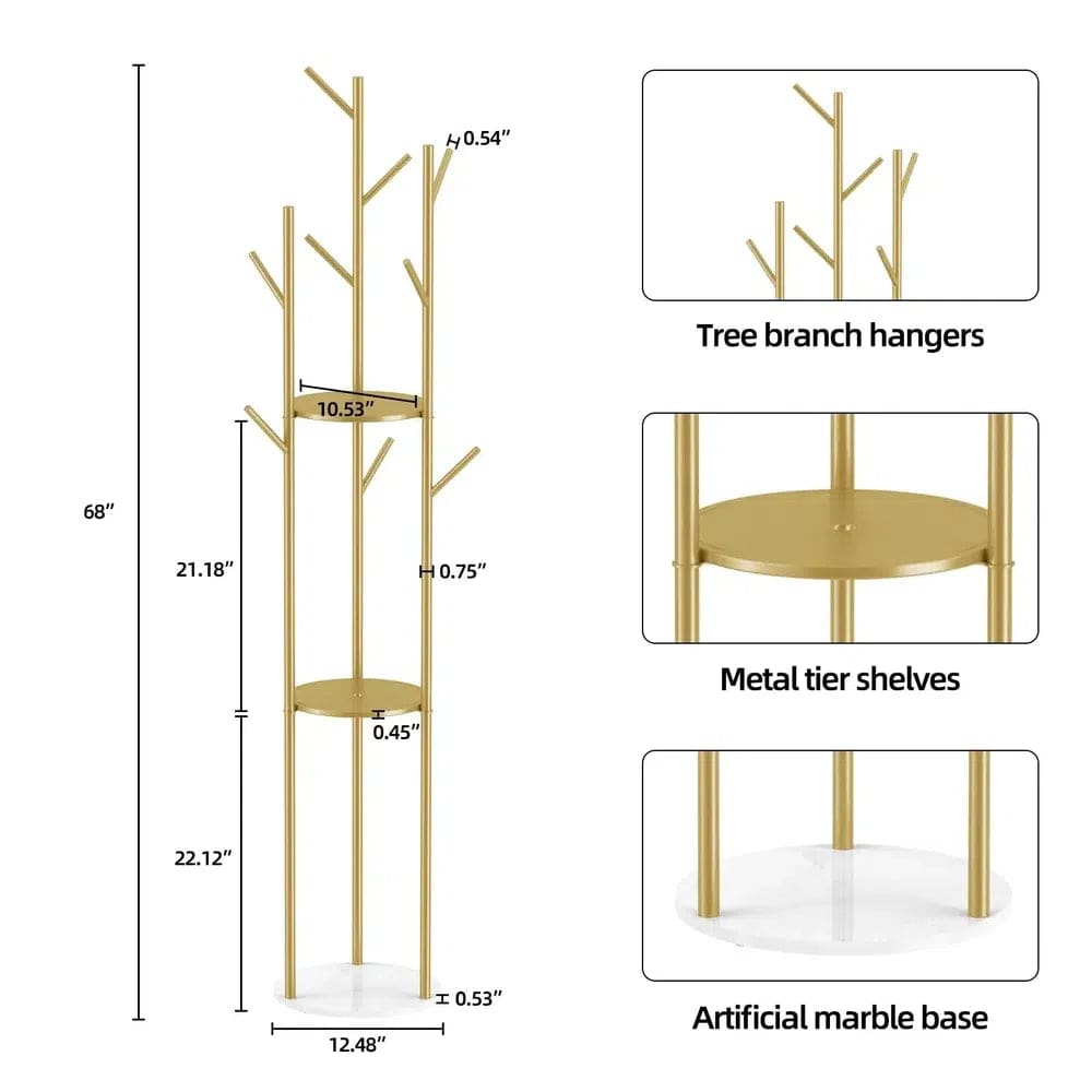 Marble Metal Coat Rack with 3 Storage Shelves & 9 Hooks