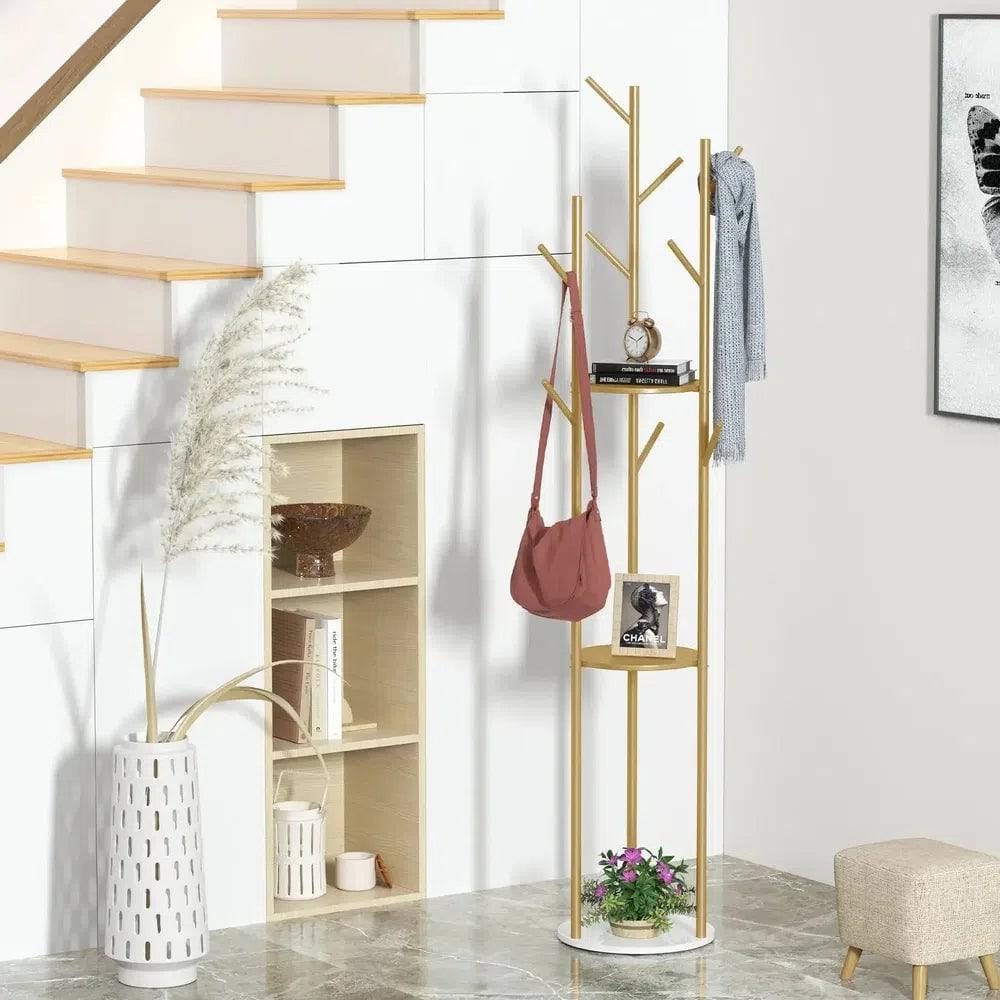 Marble Metal Coat Rack with 3 Storage Shelves & 9 Hooks