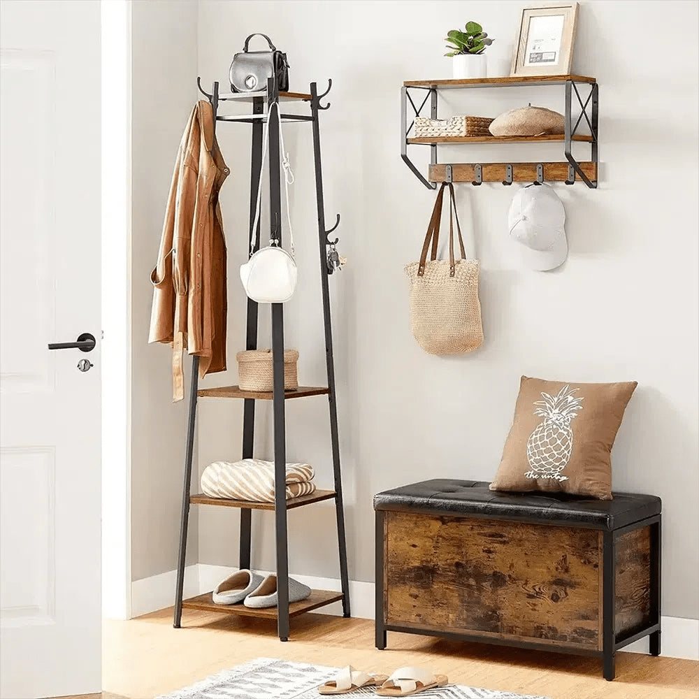 Solid Iron Coat Rack with 8 Hooks and Shelves