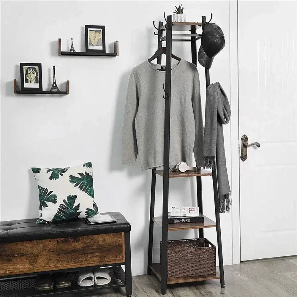 Solid Iron Coat Rack with 8 Hooks and Shelves