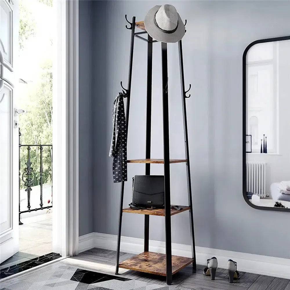 Solid Iron Coat Rack with 8 Hooks and Shelves