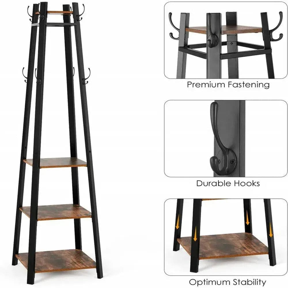Solid Iron Coat Rack with 8 Hooks and Shelves