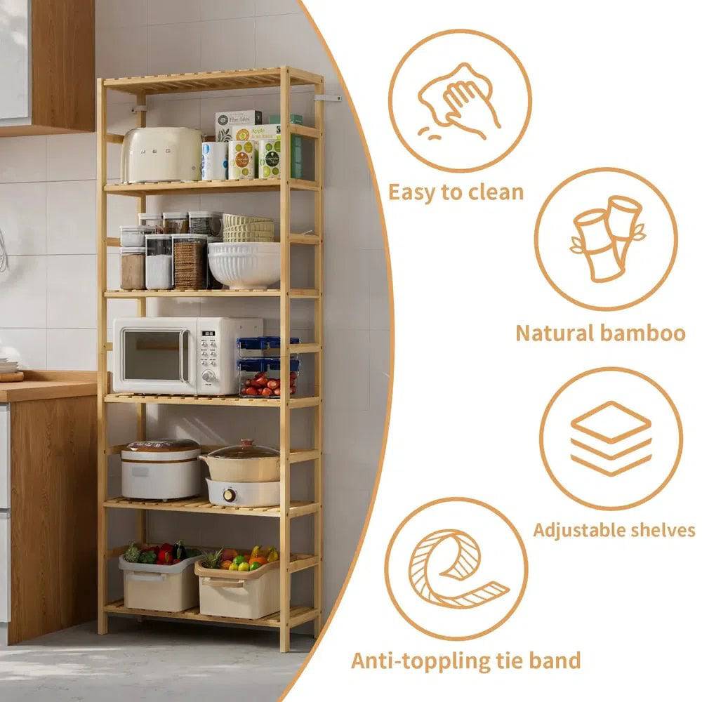 Six-Tier Bamboo Storage Rack with Adjustable Shelves