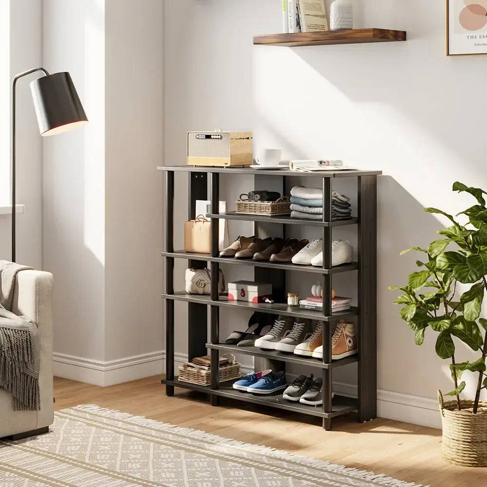Black Open Style Six-Tier Wooden Shelving Unit